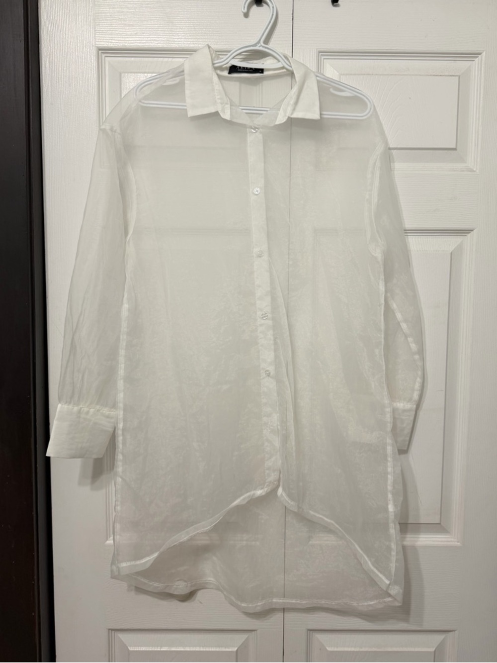 AKIRA Sheer White Longline Button-Down Shirt